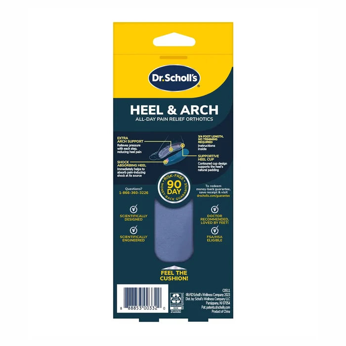 Back of Dr. Scholl's Heel & Arch orthotic package with blue insole outline