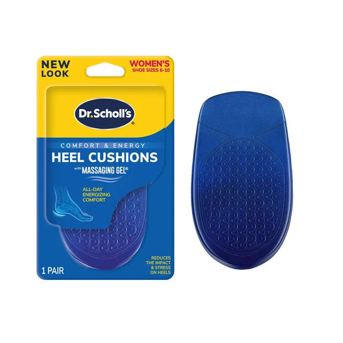 DrScholls Heel Cushions package with a blue gel insert shown together for women's shoes with cushioned heel support and massaging gel technology