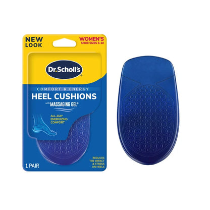DrScholls Heel Cushions package with a blue gel insert shown together for women's shoes with cushioned heel support and massaging gel technology