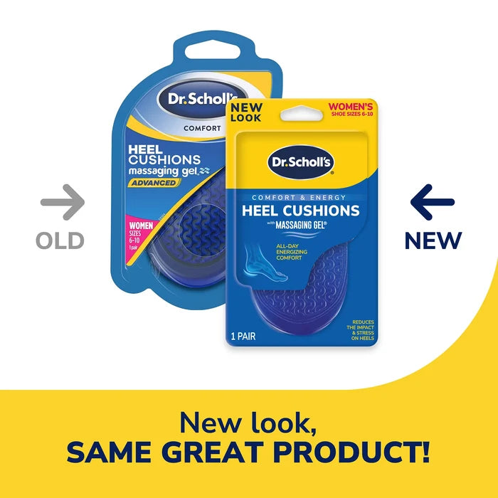 Dr Scholls Heel Cushions packaging comparison showing old and new design