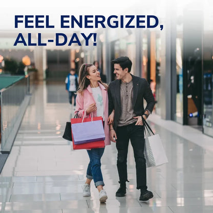 Couple walking in a shopping mall carrying shopping bags with Dr Scholls Heel Cushions branding
