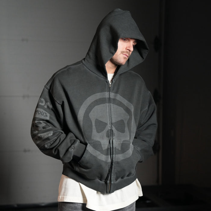 HERITAGE SKULL ZIP HOODIE - SAGE GREY WASH