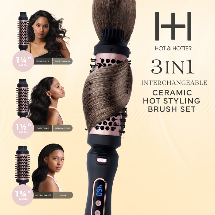 Hot & Hotter 3 in 1  Ceramic Hot Styling Brush Set, 1 Count, Black