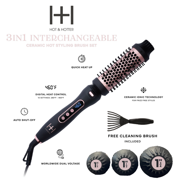 Hot & Hotter 3 in 1  Ceramic Hot Styling Brush Set, 1 Count, Black