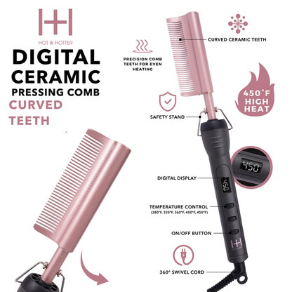 Hot & Hotter Digital Ceramic Pressing Comb Curved Teeth, 1 Count Hair Straightener, Rose Gold