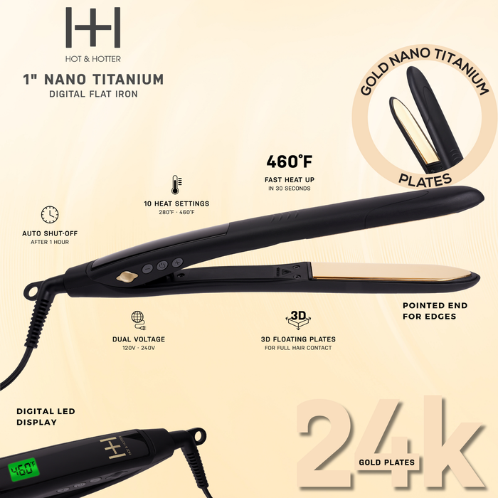 Hot & Hotter Digital Nano Titanium Flat Iron with Gold Plates 1 Inch, 1 Count, Black