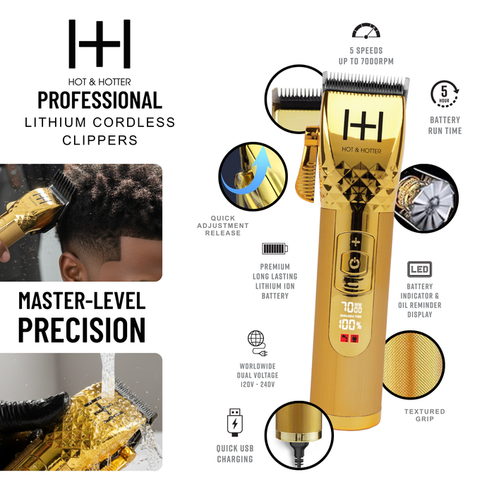 Hot & Hotter Professional Lithium Cordless Clipper, 1 Count, Gold