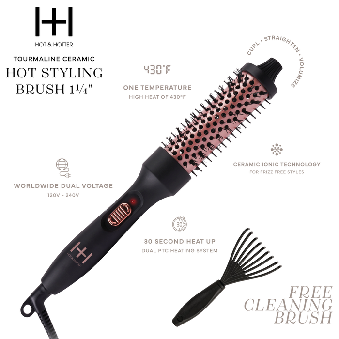 Hot & Hotter Tourmaline Ceramic Hot Styling Brush 1 1/4 Inch, 1 Count, Black