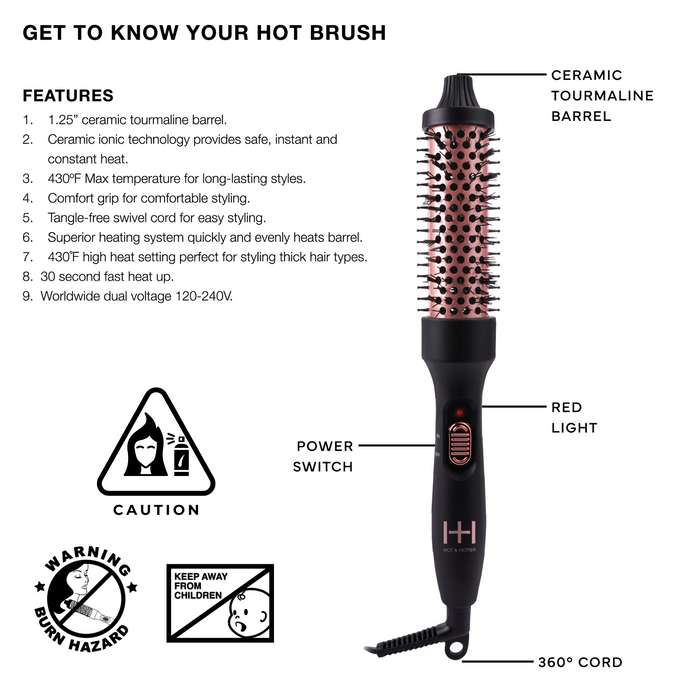 Hot & Hotter Tourmaline Ceramic Hot Styling Brush 1 1/4 Inch, 1 Count, Black