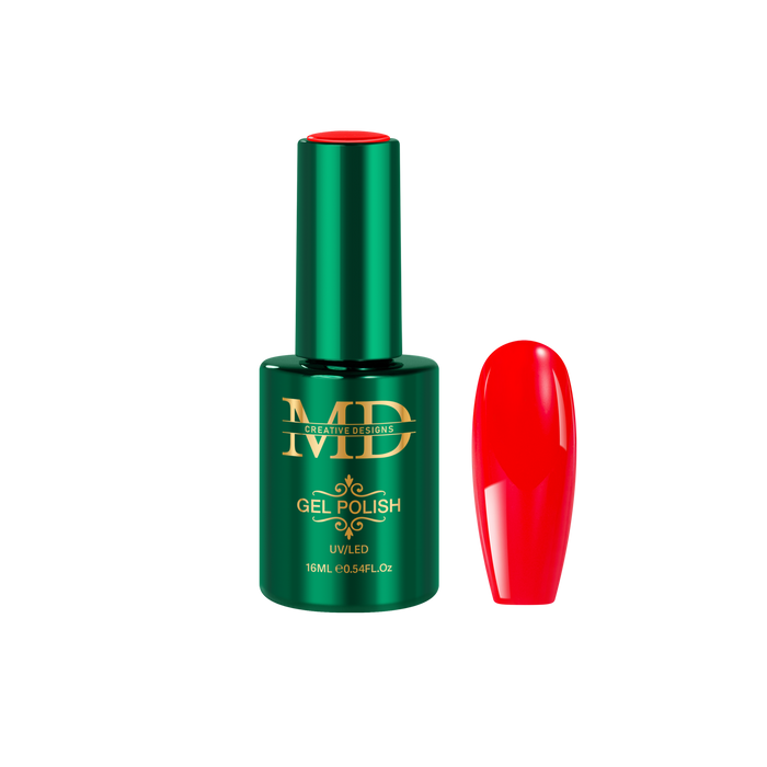 Green gel polish bottle with red nail tip on a white background
