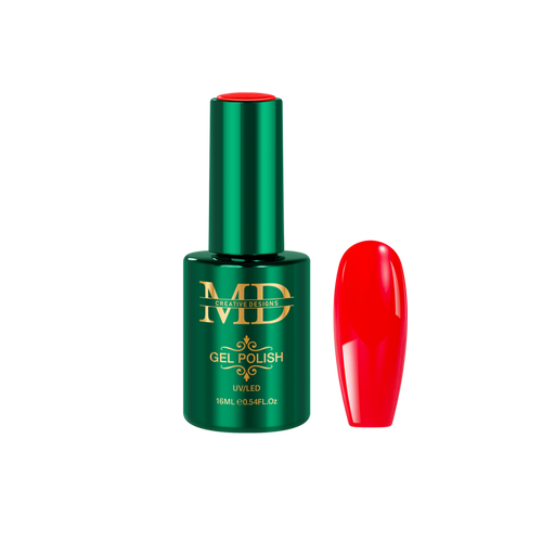 Green gel polish bottle with red nail tip on a white background