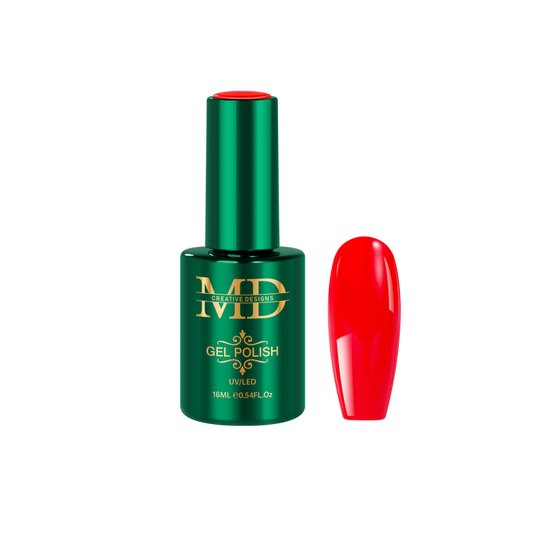 Green gel polish bottle with red nail tip on a white background