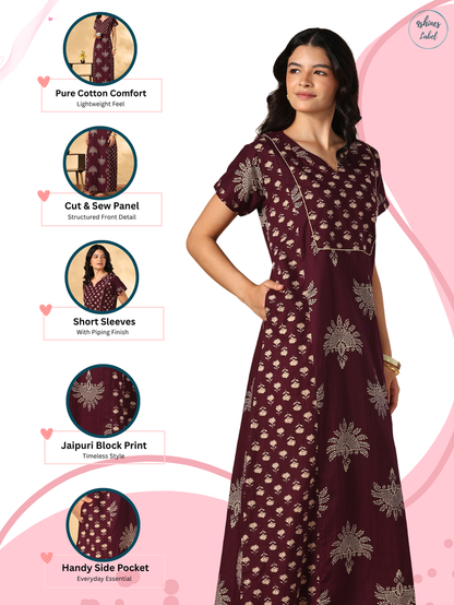 Jaipuri Print A Line Pure Cotton Nighty with Notch Neck