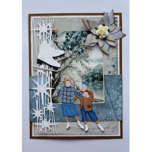Joy! Crafts - Die - Pair of Skaters. This skating couple is a cute romantic die for Winter. Includes 1 cutting and embossing die. Size: 2.5 x 2.5 inches. Available at Embellish Away located in Bowmanville Ontario Canada. Card by brand ambassador.