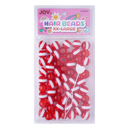 Joy Round Hair Beads XX-Large Size, 60 Count, Red Stripe Clear Red Mix