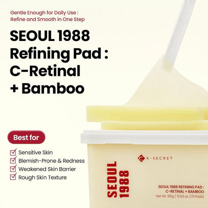 K - Secret Seoul 1988 Refining Pad: C - Retinal + Bamboo (70 Pads) وسادة كي سيكريت سيول 1988 لتنقية البشرة: سي - ريتينال + بامبو - Princess Cosmetics Qatar