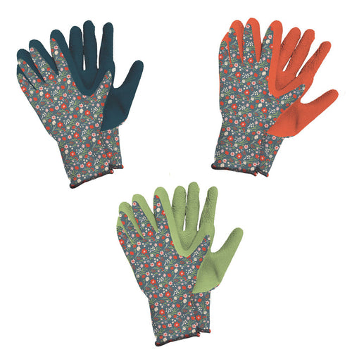 Set of gardening gloves with floral pattern and colorful palms on a white background