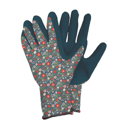 Pair of gardening gloves with floral pattern on a white background