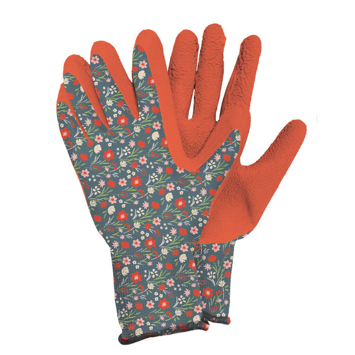 Pair of gardening gloves with floral pattern on one glove and orange rubber on the other, on a white background.