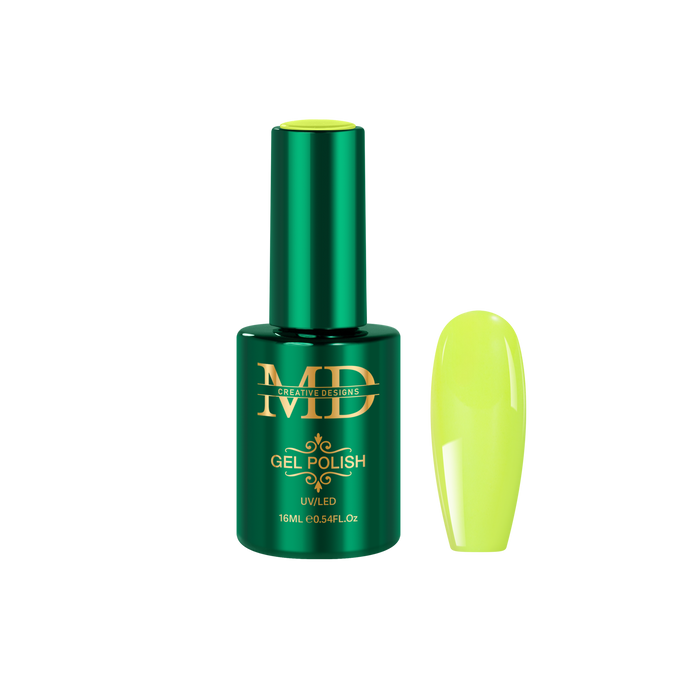 Green gel polish bottle with a yellow nail tip color swatch on a white background