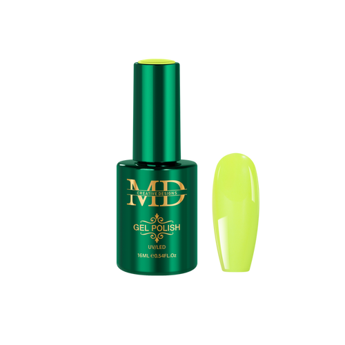 Green gel polish bottle with a yellow nail tip color swatch on a white background