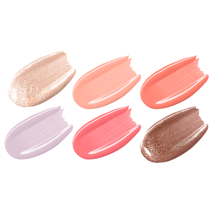 Six swatches of glossy nail polish shades from the Lip Gloss System for vibrant at-home manicures and pedicures