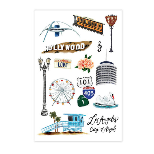Los Angeles collage postcard with landmarks, roses, microphone, ferris wheel, and Hollywood text