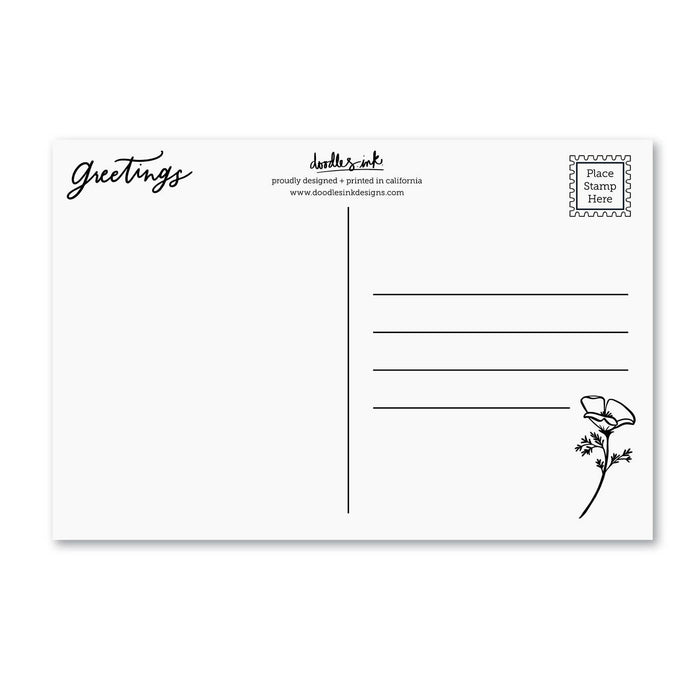 Greetings postcard back with message lines, butterfly flower, and postage stamp box