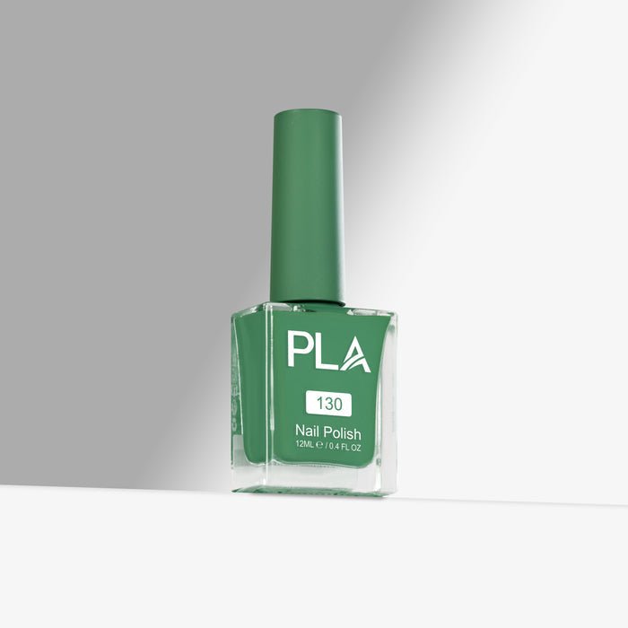 Green nail polish bottle with 'PLA' label on a gray background