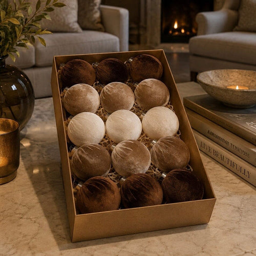 Luxury Brown & Cream Velvet Baubles - Set of 15 Accessories