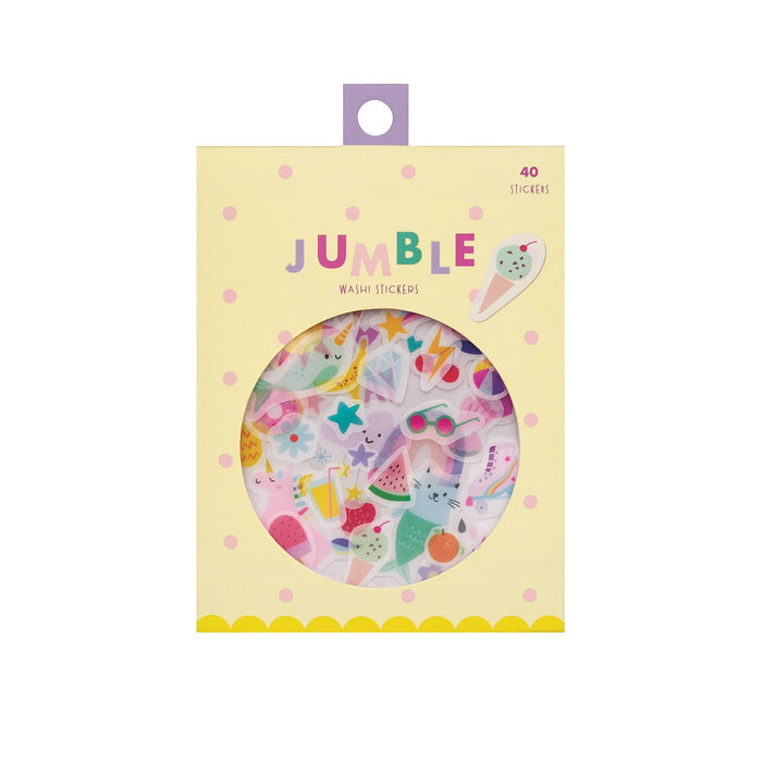 Washi sticker set pack with 40 colorful Jumble designs, assorted icons