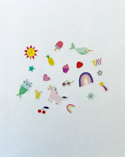 Sheet of colorful washi stickers with sun, fruit, whale, rainbow, and smiley icons