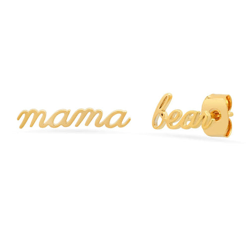 Gold-tone Mama Bear stud earrings with bear face and heart detail