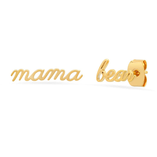 Gold-tone Mama Bear stud earrings with bear face and heart detail