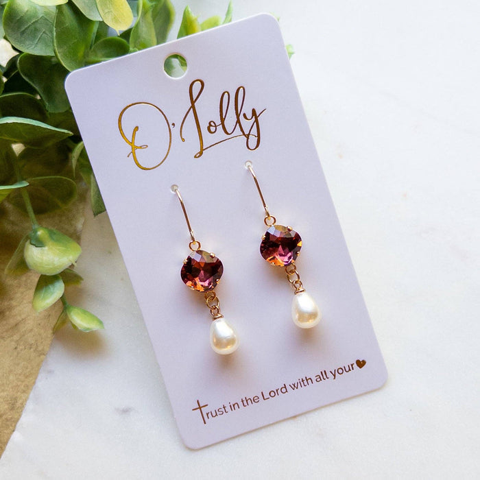 Maroon Crystal Heart & Pearl Drop Earrings – Gold Dangle Earrings “Maroon”