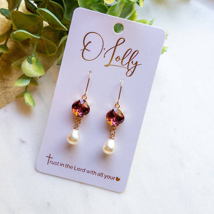 Maroon Crystal Heart & Pearl Drop Earrings – Gold Dangle Earrings “Maroon”