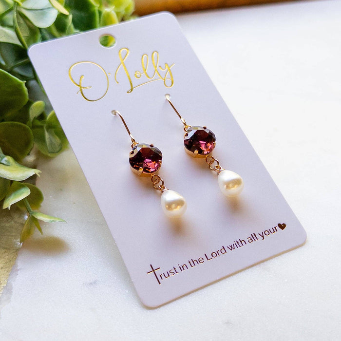 Maroon Crystal Heart & Pearl Drop Earrings – Gold Dangle Earrings “Maroon”