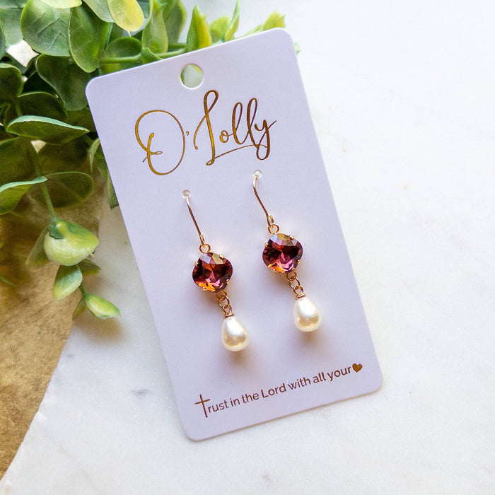 Maroon Crystal Heart & Pearl Drop Earrings – Gold Dangle Earrings “Maroon”