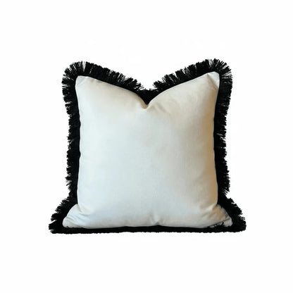 Melina Cream Velvet Cushion Cover with Black Fringe Detailing - 50x50cm Textiles