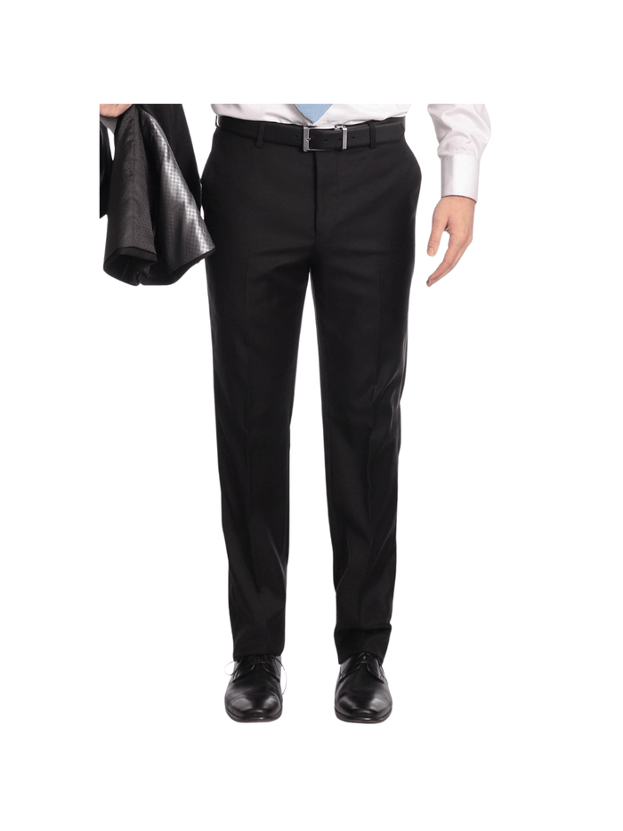 Mens Classic Fit Solid Black Flat Front Wool Dress Pants - The Suit Depot