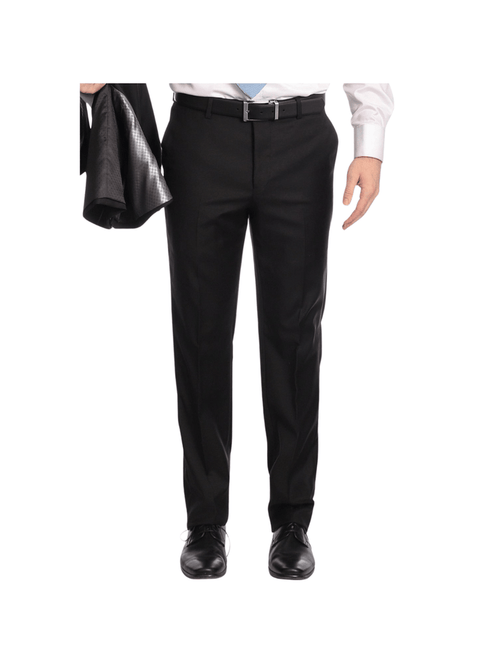 Mens Classic Fit Solid Black Flat Front Wool Dress Pants - The Suit Depot