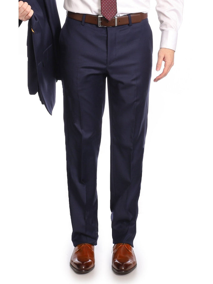Mens Classic Fit Solid Navy Blue Flat Front Wool Dress Pants - The Suit Depot