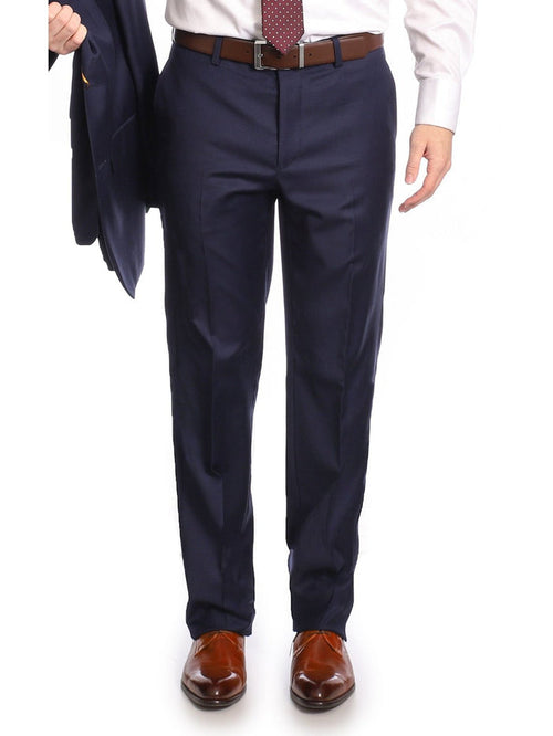 Mens Classic Fit Solid Navy Blue Flat Front Wool Dress Pants - The Suit Depot