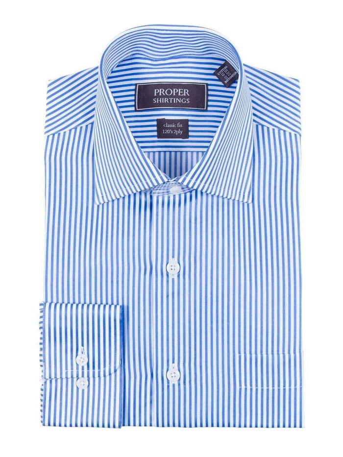 Proper Shirtings SHIRTS Mens Classic Fit White And Blue Striped 120's 2PLY Cotton Dress Shirt