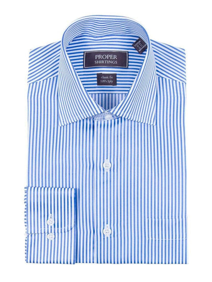 Proper Shirtings SHIRTS Mens Classic Fit White And Blue Striped 120's 2PLY Cotton Dress Shirt