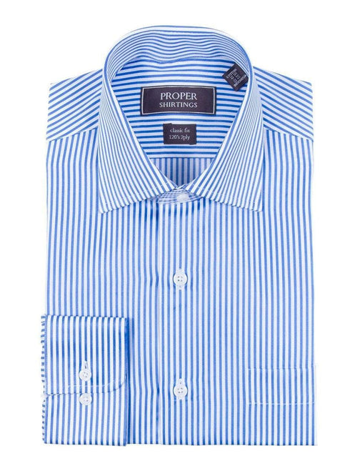 Proper Shirtings SHIRTS Mens Classic Fit White And Blue Striped 120's 2PLY Cotton Dress Shirt