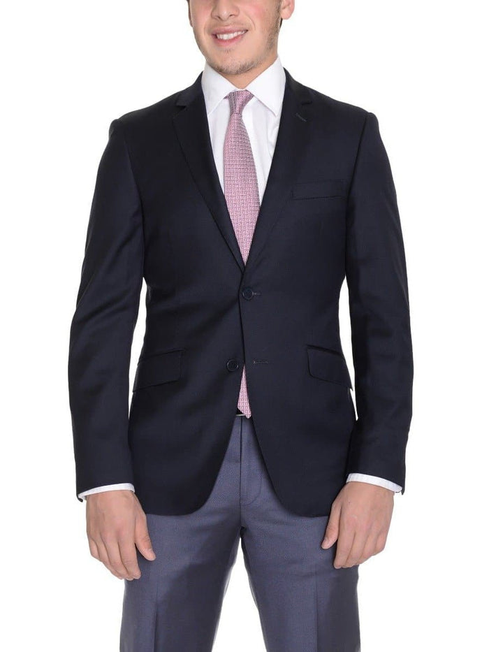 Mens Extra Slim Fit Solid Navy Blue Two Button Wool Blazer Suit Jacket - The Suit Depot