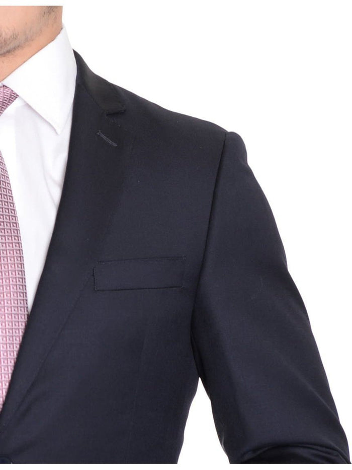 Mens Extra Slim Fit Solid Navy Blue Two Button Wool Blazer Suit Jacket - The Suit Depot