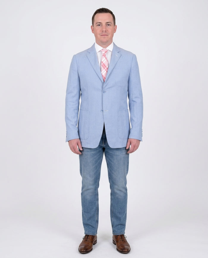 Mens Modern Fit Sky Blue Herringbone Unstructured Cotton Field Jacket Sportcoat - The Suit Depot