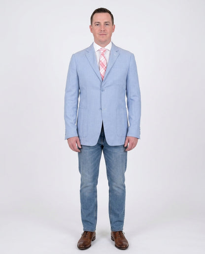 Mens Modern Fit Sky Blue Herringbone Unstructured Cotton Field Jacket Sportcoat - The Suit Depot